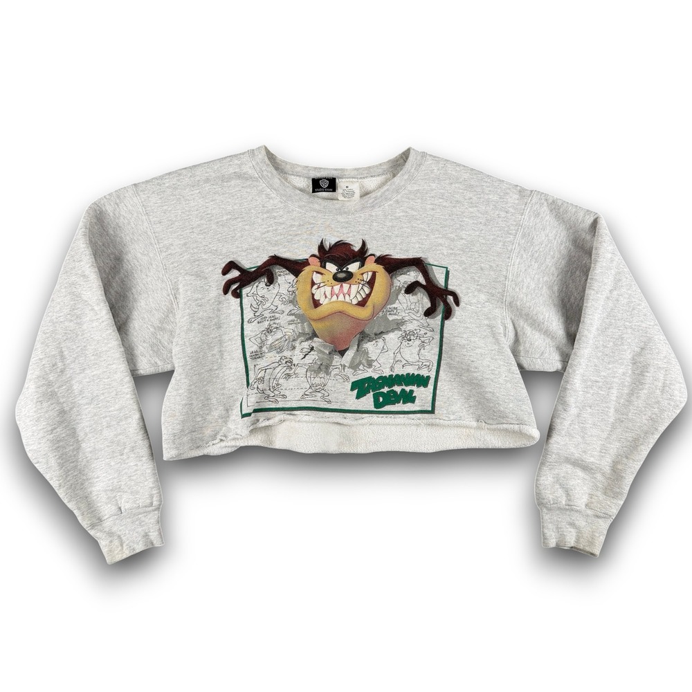 Warner Bros. Sweatshirt Women M Grey Tasmanian Devil Vintage Cropped 90s Y2K Taz